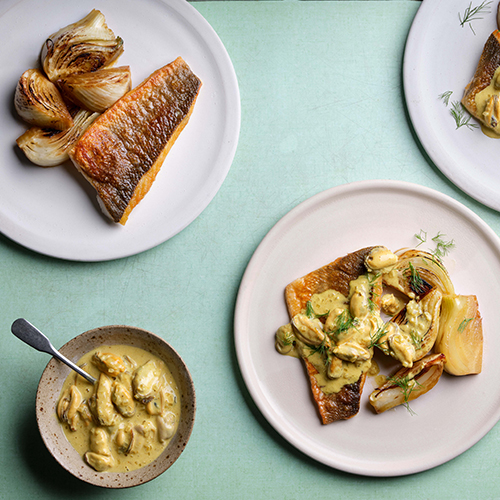 SEA BASS WITH BRAISED FENNEL & CURRIED MUSSELS