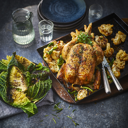 HERBY ROAST CHICKEN WITH CHARRED SAVOY CABBAGE