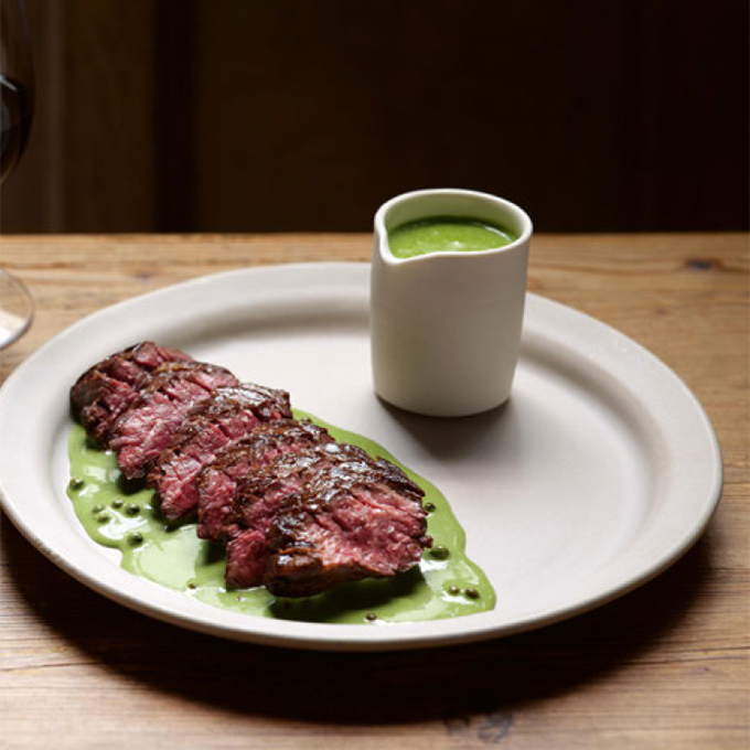 ONGLET STEAK WITH GREEN PEPPERCORN SAUCE