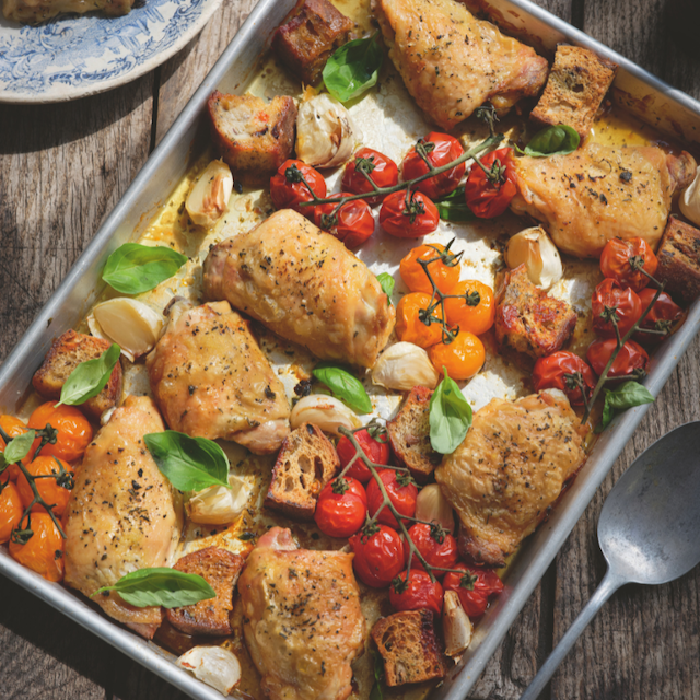 CHICKEN TRAYBAKE WITH GARLIC AND CHERRY TOMATOES